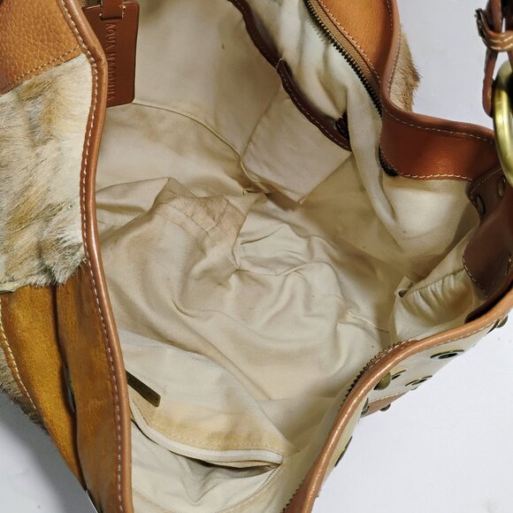 AQUA MADONNA BROWN LEATHER ANTELOPE HAIR PURSE HANDBAG 18X13 - Picture 8 of 11